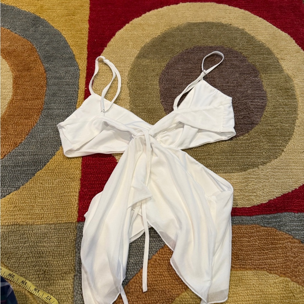 Tiger Mist White Cutout Spaghetti Strap Tank Top Ruched Tie Mesh Size Large - Picture 3 of 3